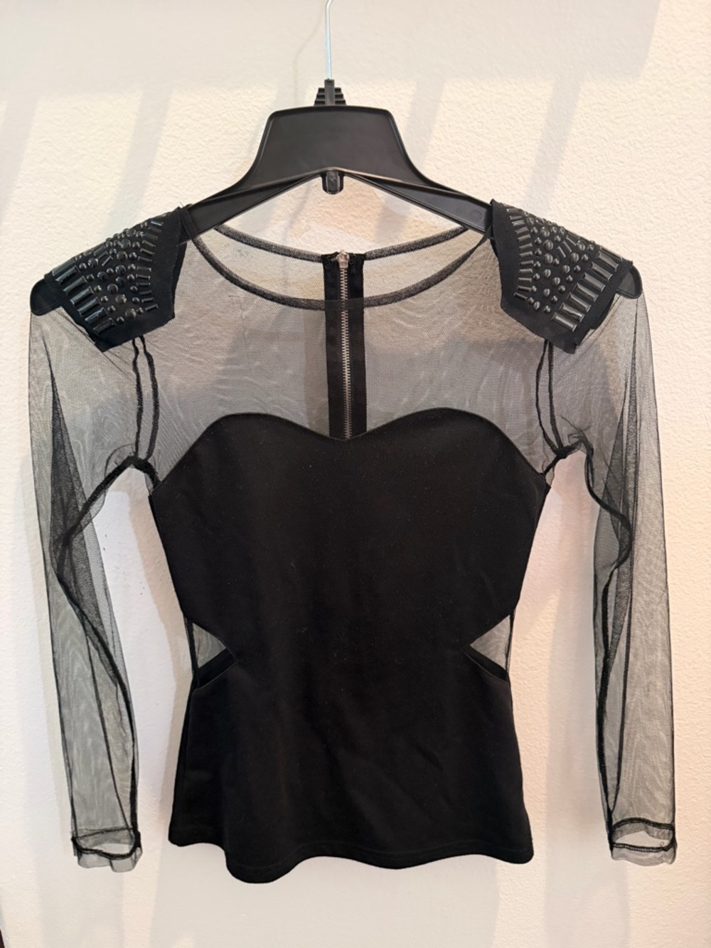 Mustard Seed Black Mesh Long Sleeve Top with Sheer Panel